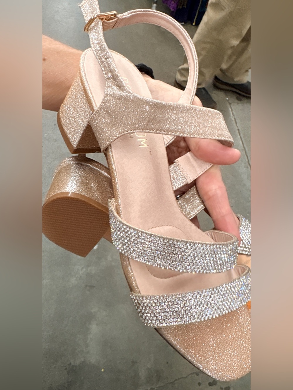 Glitter Block Heel Sandals in Rose Gold & silver with Rhinestone Straps, size 6